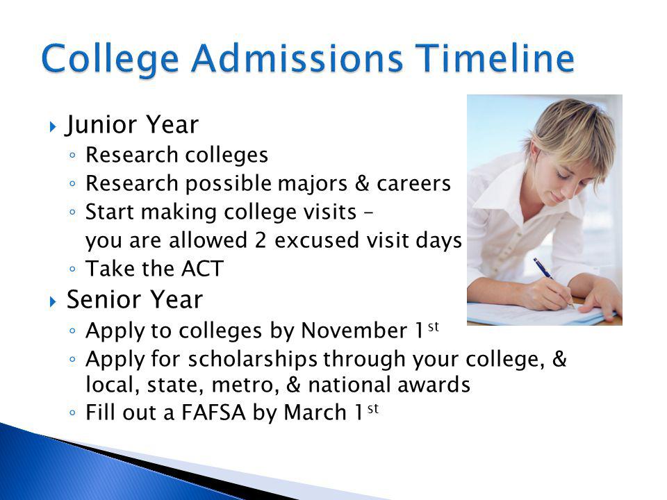 Junior Year Research colleges Research possible majors & careers Start making college visits – you are allowed 2 excused visit days Take the ACT Senior Year Apply to colleges by November 1 st Apply for scholarships through your college, & local, state, metro, & national awards Fill out a FAFSA by March 1 st