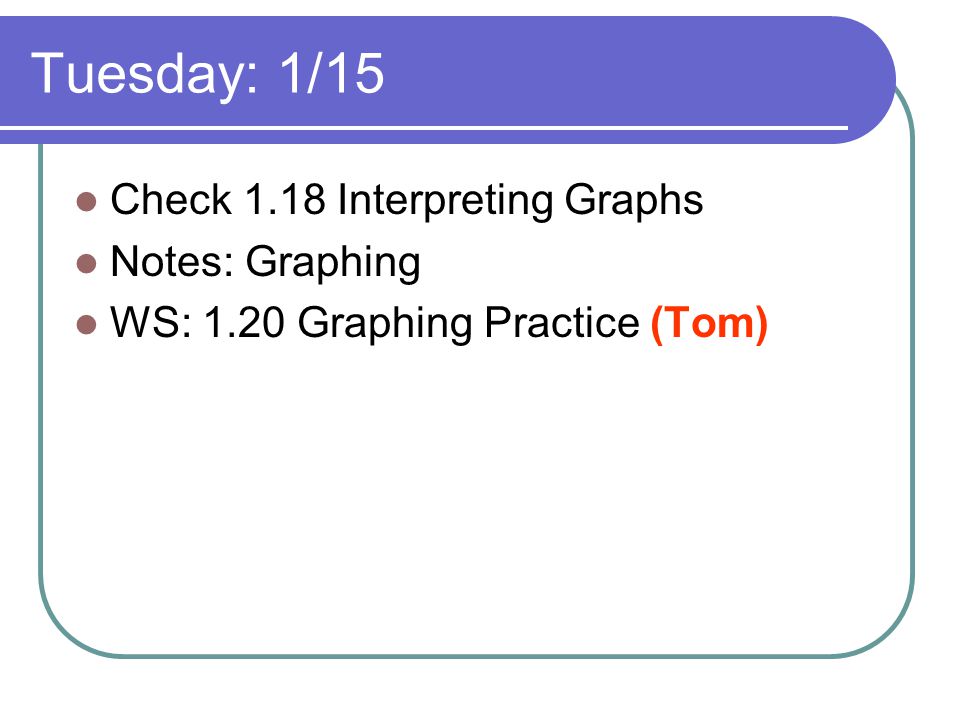 Tuesday: 1/15 Check 1.18 Interpreting Graphs Notes: Graphing WS: 1.20 Graphing Practice (Tom)