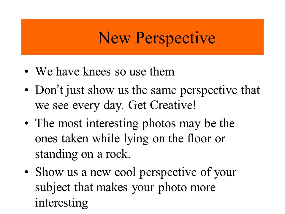 New Perspective We have knees so use them Dont just show us the same perspective that we see every day.