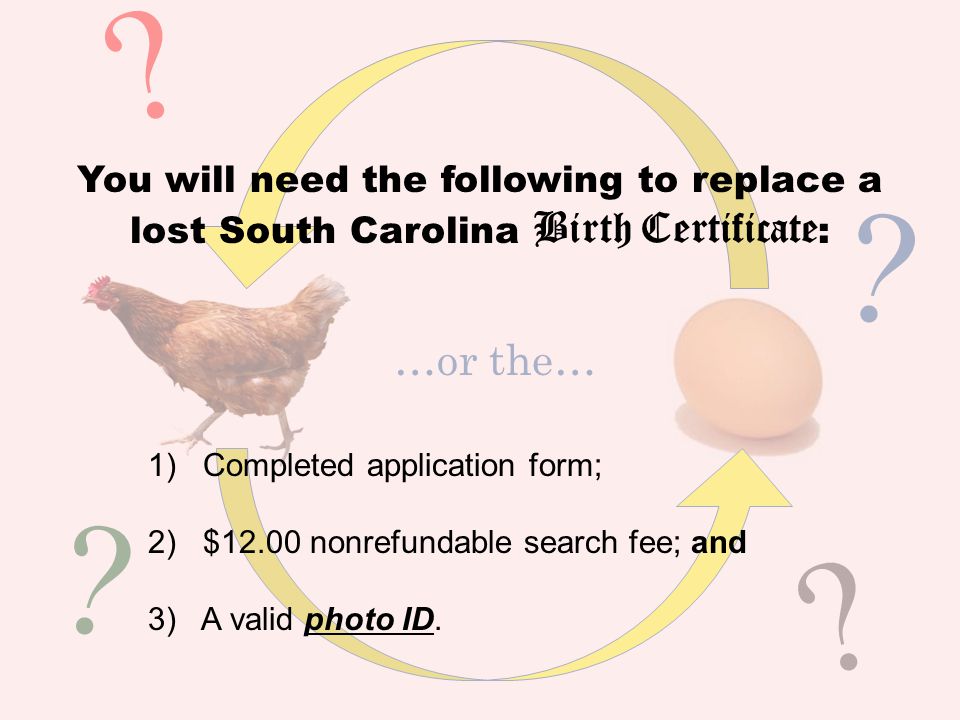 …or the… You will need the following to replace a lost South Carolina Birth Certificate : 1) Completed application form; 2) $12.00 nonrefundable search fee; and 3) A valid photo ID.