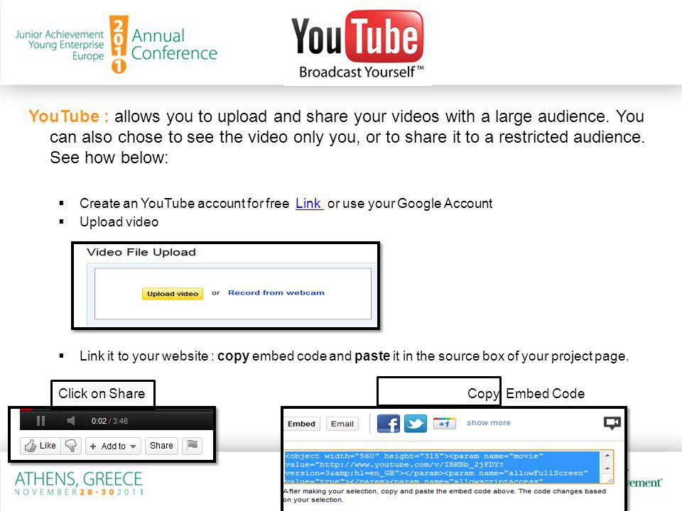YouTube : allows you to upload and share your videos with a large audience.