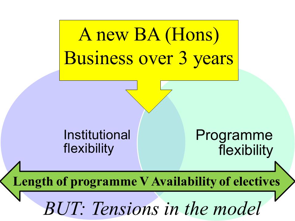 Example 1: BA (Hons) Business 3-year Hons Degree Only selected students Same content as 4 yr programme Delivered at more intense pace Meeting demand for accelerated programmes