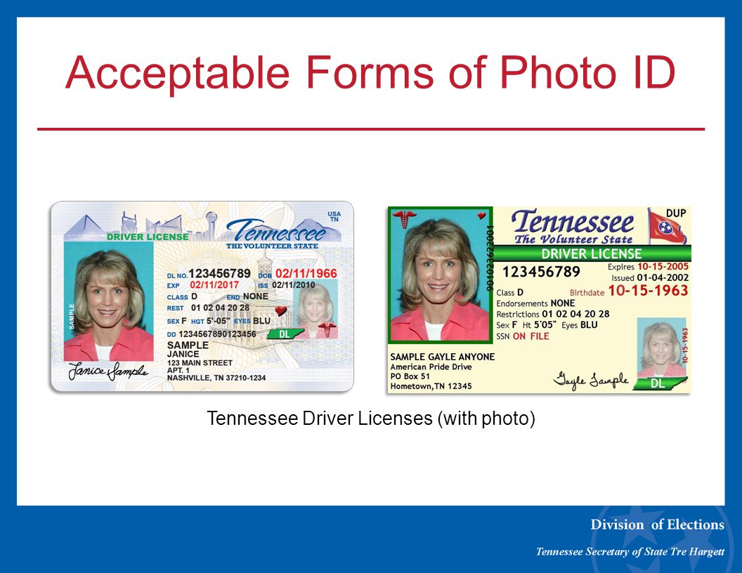 Acceptable Forms of Photo ID Tennessee Driver Licenses (with photo)