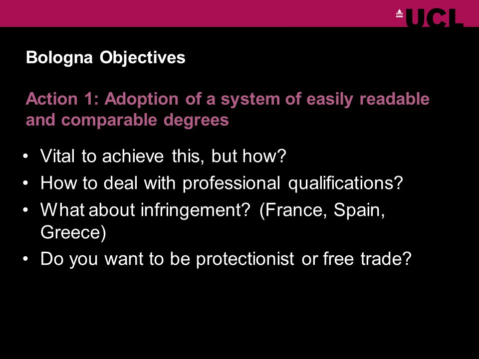 Bologna Objectives Action 1: Adoption of a system of easily readable and comparable degrees Vital to achieve this, but how.