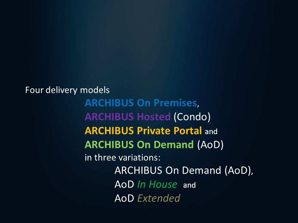 Four delivery models ARCHIBUS On Premises, ARCHIBUS Hosted (Condo) ARCHIBUS Private Portal and ARCHIBUS On Demand (AoD) in three variations: ARCHIBUS On Demand (AoD), AoD In House and AoD Extended