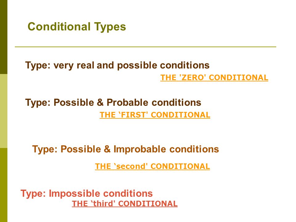 Type: Possible & Probable conditions Type: Possible & Improbable conditions Type: Impossible conditions Conditional Types Type: very real and possible conditions THE ZERO CONDITIONAL THE FIRST CONDITIONAL THE second CONDITIONAL THE third CONDITIONAL