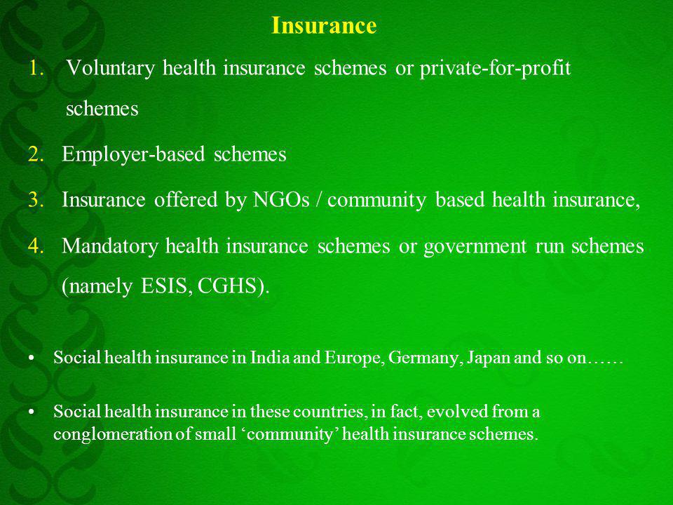 Insurance 1.Voluntary health insurance schemes or private-for-profit schemes 2.Employer-based schemes 3.Insurance offered by NGOs / community based health insurance, 4.Mandatory health insurance schemes or government run schemes (namely ESIS, CGHS).