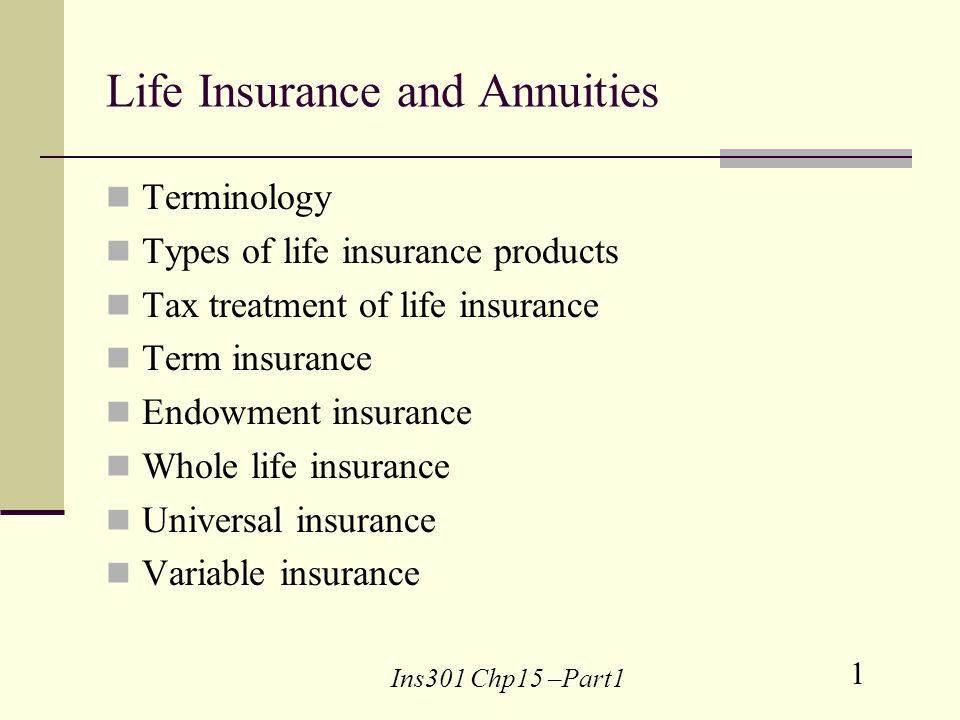 1 Ins301 Chp15 –Part1 Life Insurance and Annuities Terminology Types of life insurance products Tax treatment of life insurance Term insurance Endowment insurance Whole life insurance Universal insurance Variable insurance