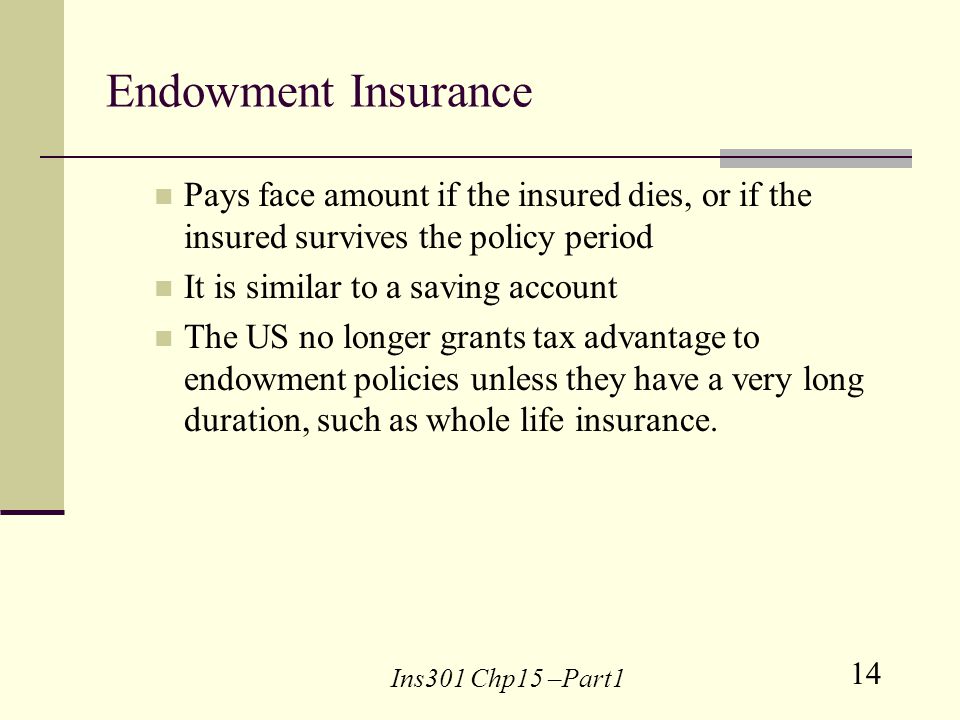 14 Ins301 Chp15 –Part1 Endowment Insurance Pays face amount if the insured dies, or if the insured survives the policy period It is similar to a saving account The US no longer grants tax advantage to endowment policies unless they have a very long duration, such as whole life insurance.