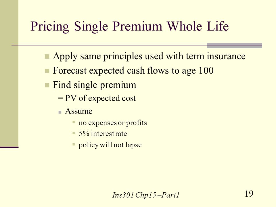 19 Ins301 Chp15 –Part1 Pricing Single Premium Whole Life Apply same principles used with term insurance Forecast expected cash flows to age 100 Find single premium = PV of expected cost Assume no expenses or profits 5% interest rate policy will not lapse