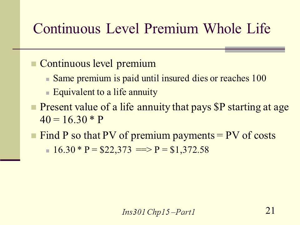 21 Ins301 Chp15 –Part1 Continuous Level Premium Whole Life Continuous level premium Same premium is paid until insured dies or reaches 100 Equivalent to a life annuity Present value of a life annuity that pays $P starting at age 40 = * P Find P so that PV of premium payments = PV of costs * P = $22,373 ==> P = $1,372.58