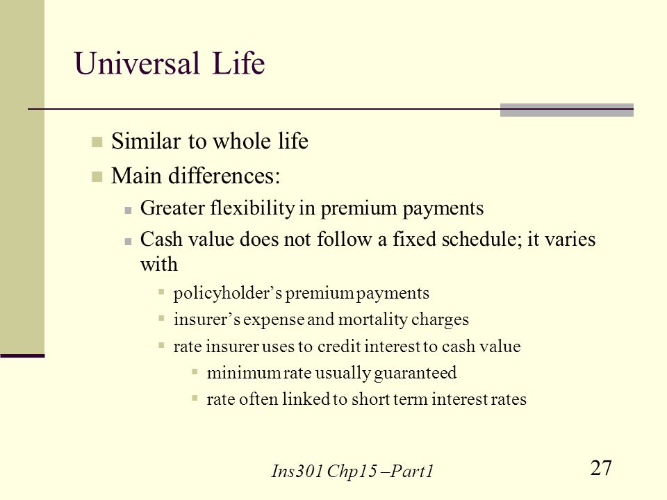27 Ins301 Chp15 –Part1 Universal Life Similar to whole life Main differences: Greater flexibility in premium payments Cash value does not follow a fixed schedule; it varies with policyholders premium payments insurers expense and mortality charges rate insurer uses to credit interest to cash value minimum rate usually guaranteed rate often linked to short term interest rates