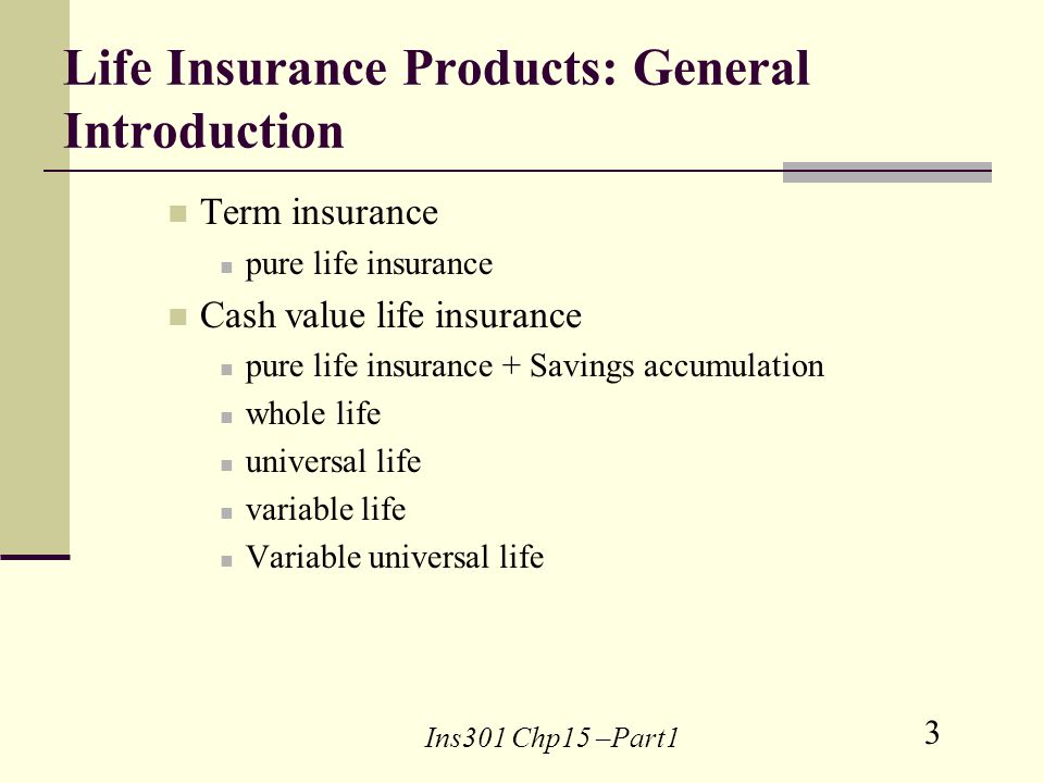 3 Ins301 Chp15 –Part1 Life Insurance Products: General Introduction Term insurance pure life insurance Cash value life insurance pure life insurance + Savings accumulation whole life universal life variable life Variable universal life