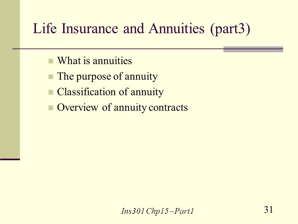 31 Ins301 Chp15 –Part1 Life Insurance and Annuities (part3) What is annuities The purpose of annuity Classification of annuity Overview of annuity contracts