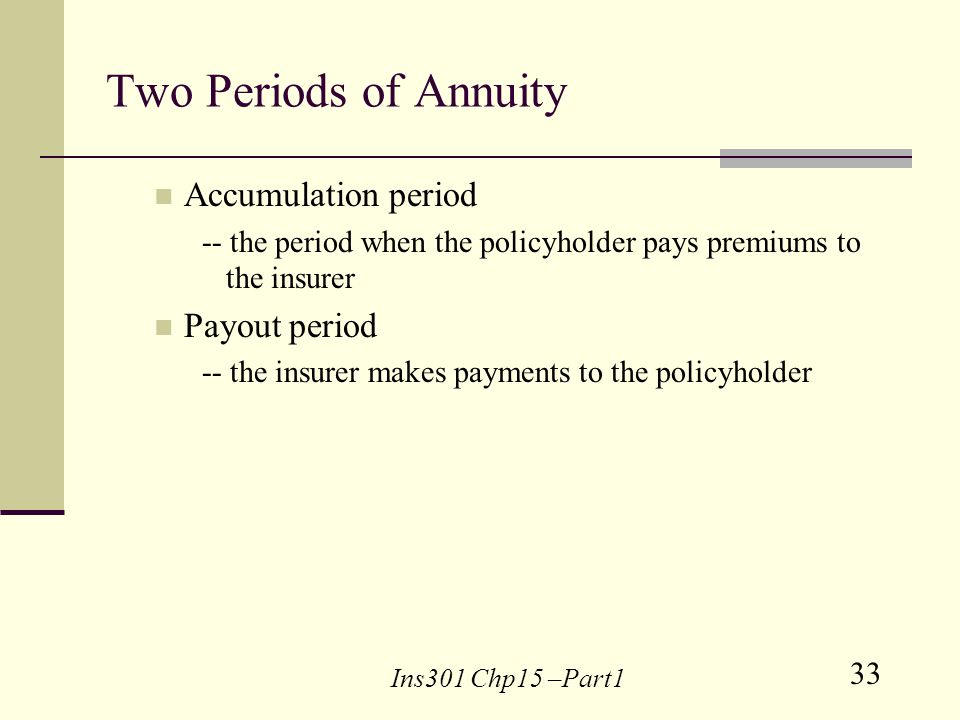 33 Ins301 Chp15 –Part1 Two Periods of Annuity Accumulation period -- the period when the policyholder pays premiums to the insurer Payout period -- the insurer makes payments to the policyholder