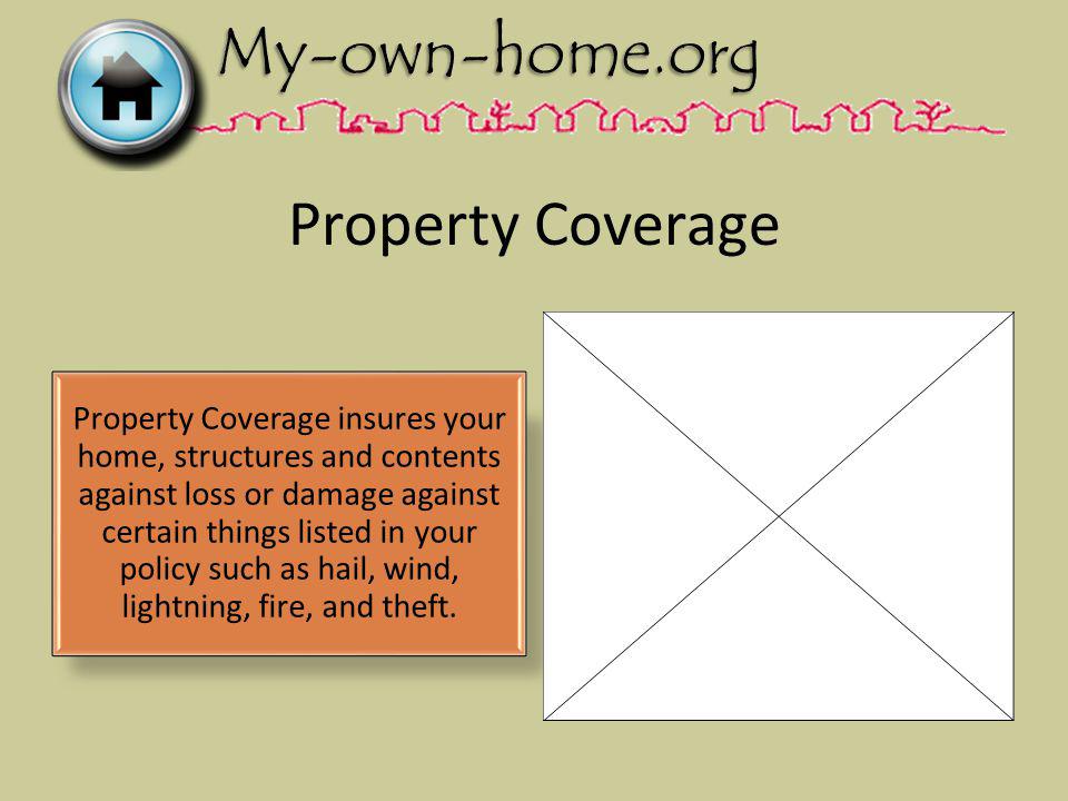 Property Coverage Property Coverage insures your home, structures and contents against loss or damage against certain things listed in your policy such as hail, wind, lightning, fire, and theft.