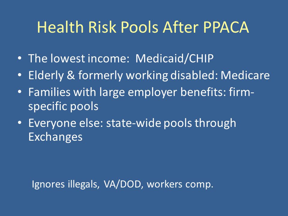 Health Risk Pools After PPACA The lowest income: Medicaid/CHIP Elderly & formerly working disabled: Medicare Families with large employer benefits: firm- specific pools Everyone else: state-wide pools through Exchanges Ignores illegals, VA/DOD, workers comp.