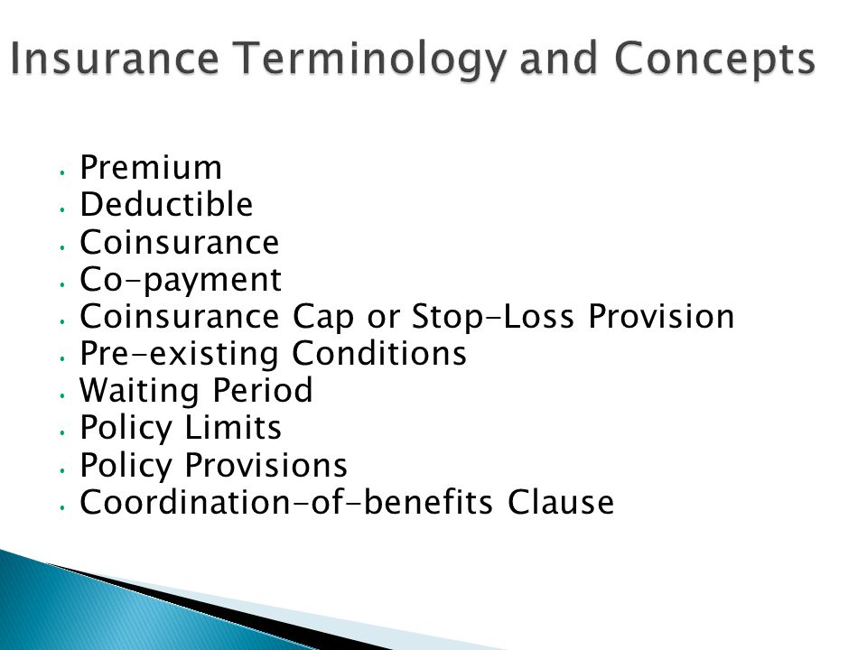 Premium Deductible Coinsurance Co-payment Coinsurance Cap or Stop-Loss Provision Pre-existing Conditions Waiting Period Policy Limits Policy Provisions Coordination-of-benefits Clause