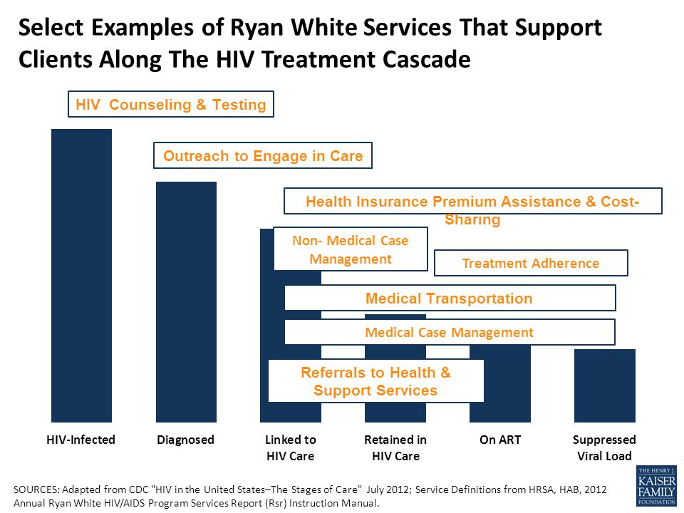 SOURCES: Adapted from CDC HIV in the United States–The Stages of Care July 2012; Service Definitions from HRSA, HAB, 2012 Annual Ryan White HIV/AIDS Program Services Report (Rsr) Instruction Manual.