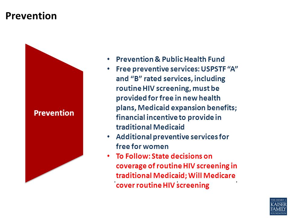 Prevention Medicaid Expansion Medicare Fixes Benefit Standards Prevention Prevention & Public Health Fund Free preventive services: USPSTF A and B rated services, including routine HIV screening, must be provided for free in new health plans, Medicaid expansion benefits; financial incentive to provide in traditional Medicaid Additional preventive services for free for women To Follow: State decisions on coverage of routine HIV screening in traditional Medicaid; Will Medicare cover routine HIV screening