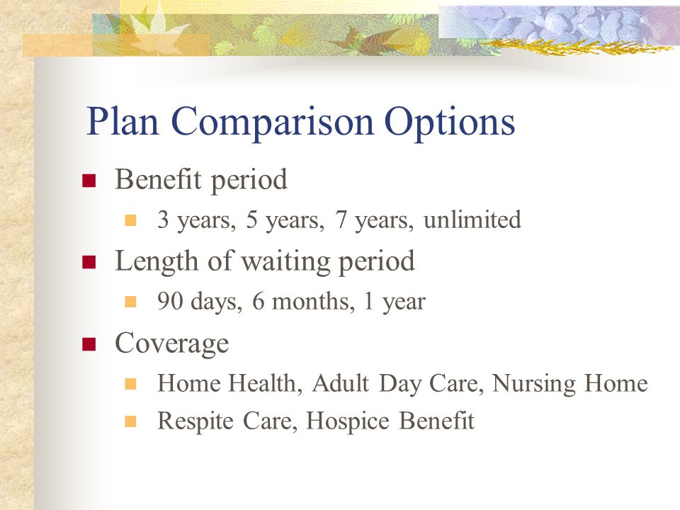 Plan Comparison Options Benefit period 3 years, 5 years, 7 years, unlimited Length of waiting period 90 days, 6 months, 1 year Coverage Home Health, Adult Day Care, Nursing Home Respite Care, Hospice Benefit