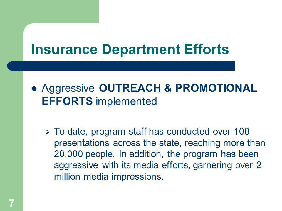 7 Insurance Department Efforts Aggressive OUTREACH & PROMOTIONAL EFFORTS implemented To date, program staff has conducted over 100 presentations across the state, reaching more than 20,000 people.