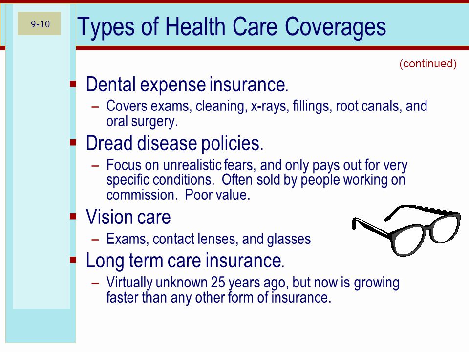 9-10 Types of Health Care Coverages Dental expense insurance.