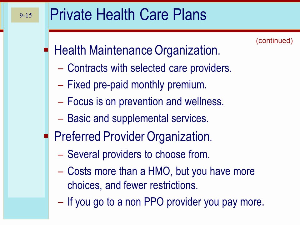 9-15 Private Health Care Plans Health Maintenance Organization.