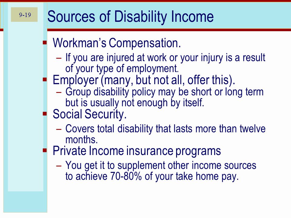 9-19 Sources of Disability Income Workmans Compensation.