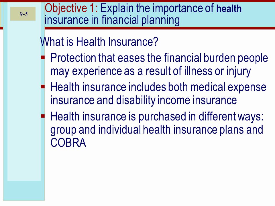 9-5 Objective 1: Explain the importance of health insurance in financial planning What is Health Insurance.