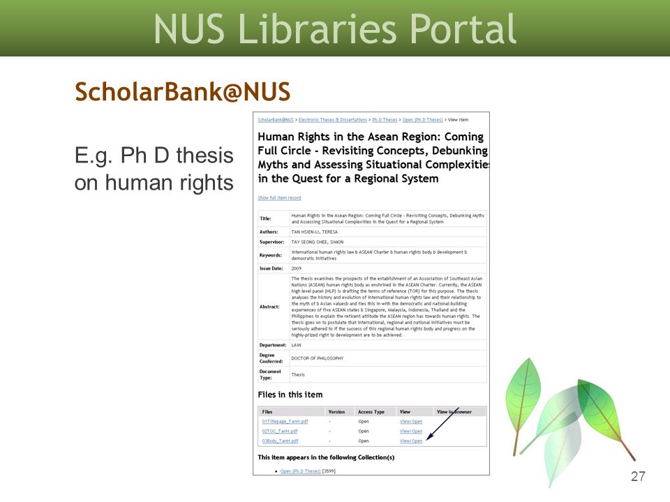 NUS Libraries Portal 27 E.g. Ph D thesis on human rights