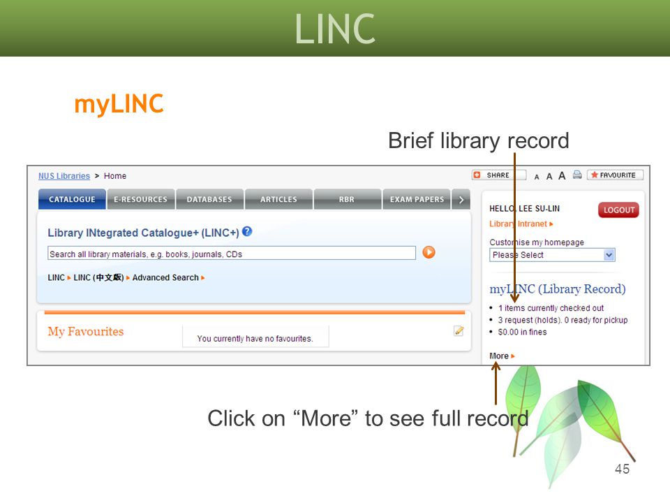 LINC 45 myLINC Click on More to see full record Brief library record