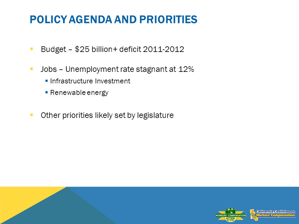 POLICY AGENDA AND PRIORITIES Budget – $25 billion+ deficit Jobs – Unemployment rate stagnant at 12% Infrastructure Investment Renewable energy Other priorities likely set by legislature