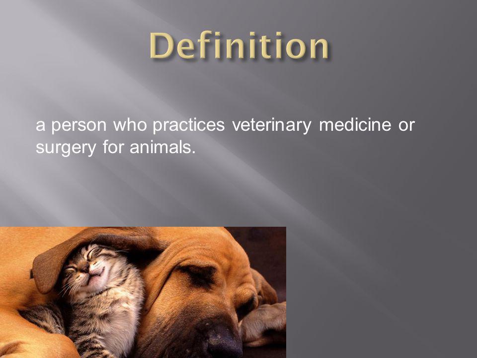 a person who practices veterinary medicine or surgery for animals.