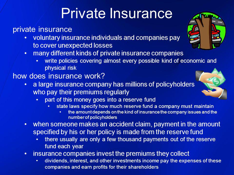 private insurance voluntary insurance individuals and companies pay to cover unexpected losses many different kinds of private insurance companies write policies covering almost every possible kind of economic and physical risk how does insurance work.