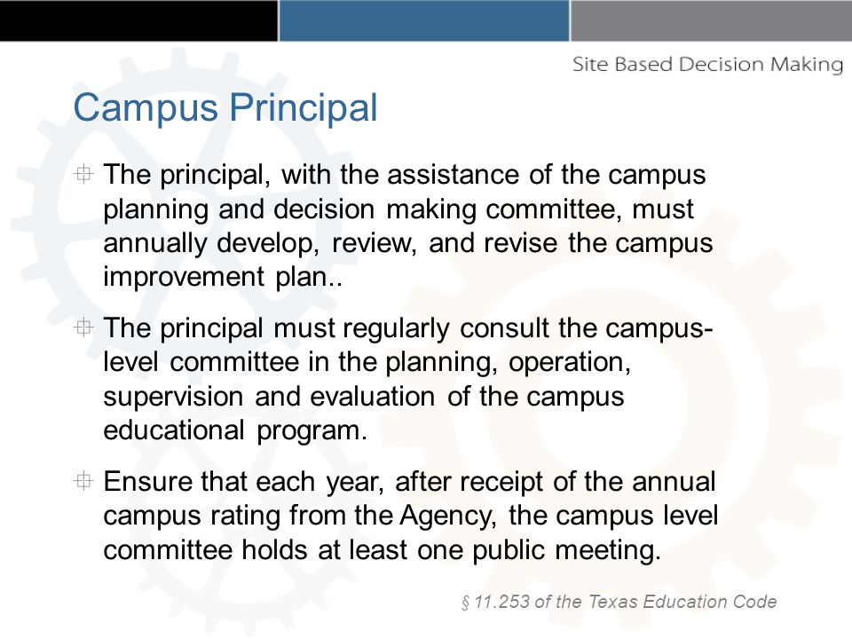 The principal, with the assistance of the campus planning and decision making committee, must annually develop, review, and revise the campus improvement plan..