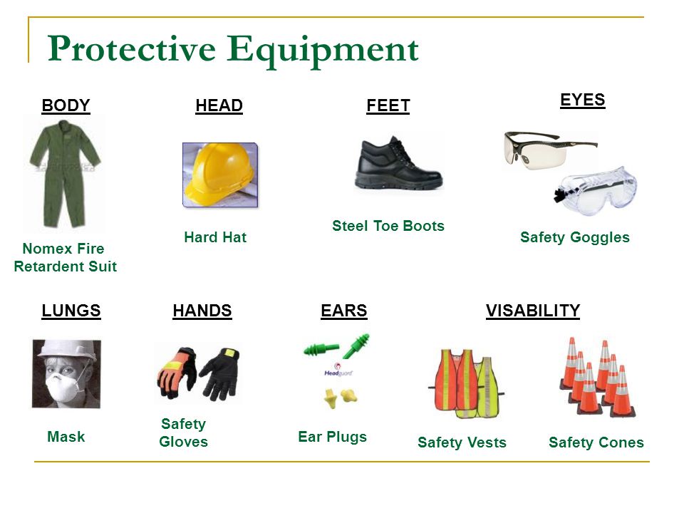 Protective Equipment Safety Cones Safety Gloves Nomex Fire Retardent Suit Hard Hat Steel Toe Boots Safety Vests Safety Goggles Ear PlugsMask EYES EARSLUNGSHANDS BODYHEADFEET VISABILITY