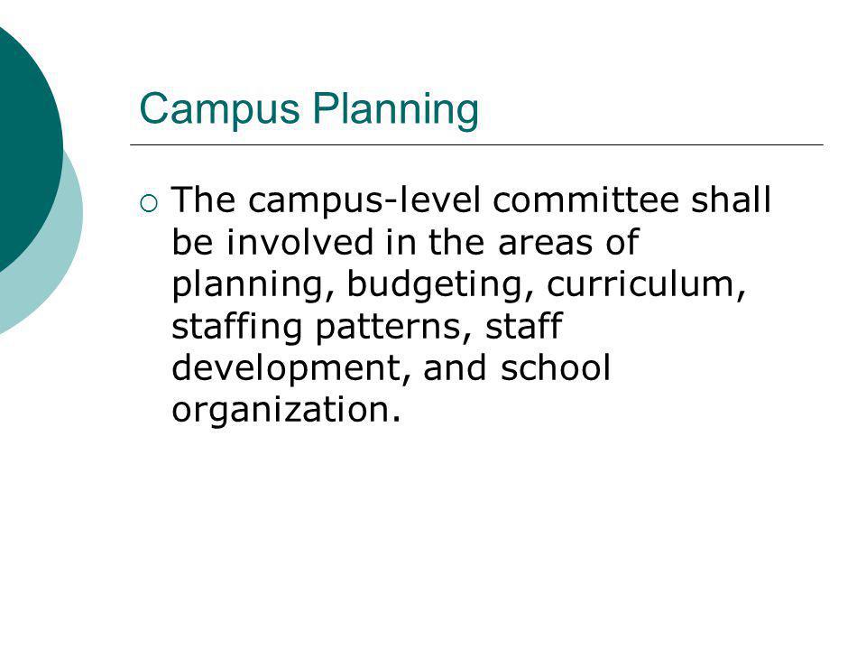 Campus Planning The campus-level committee shall be involved in the areas of planning, budgeting, curriculum, staffing patterns, staff development, and school organization.