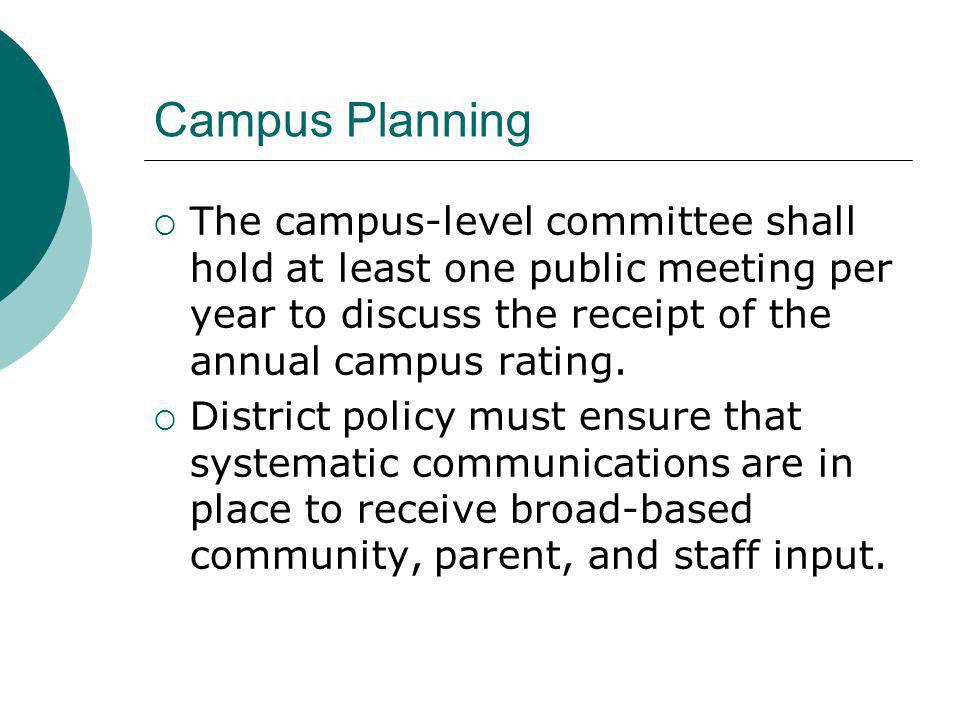 Campus Planning The campus-level committee shall hold at least one public meeting per year to discuss the receipt of the annual campus rating.