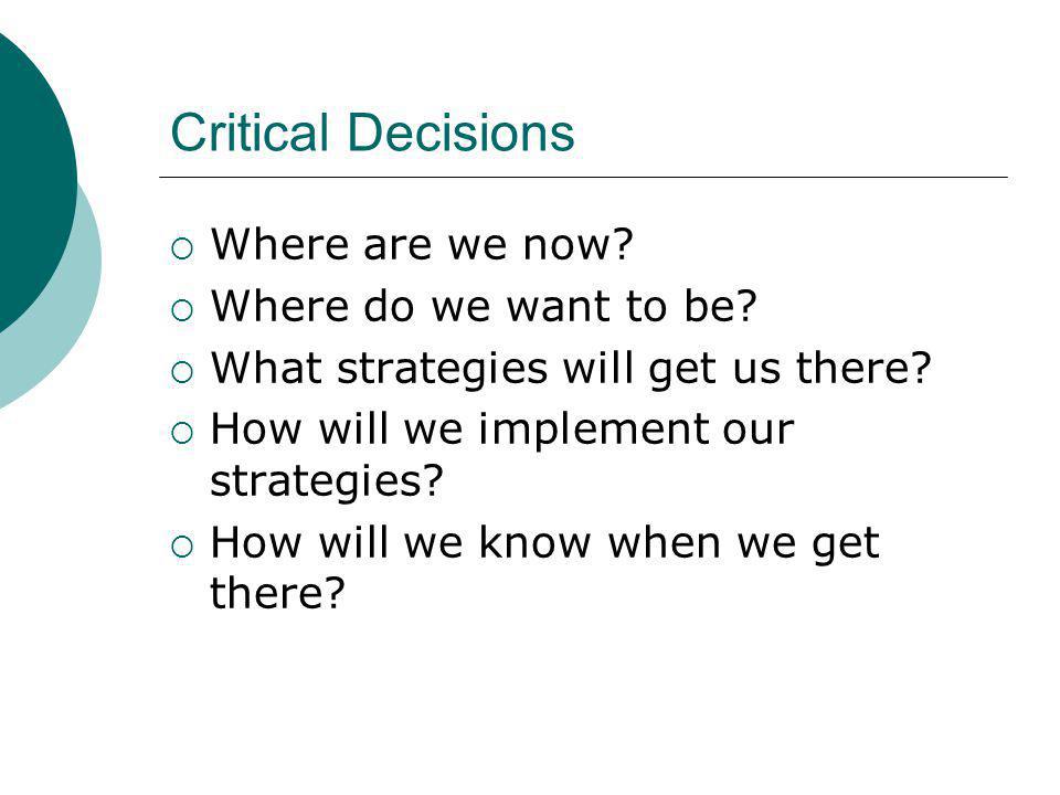 Critical Decisions Where are we now. Where do we want to be.