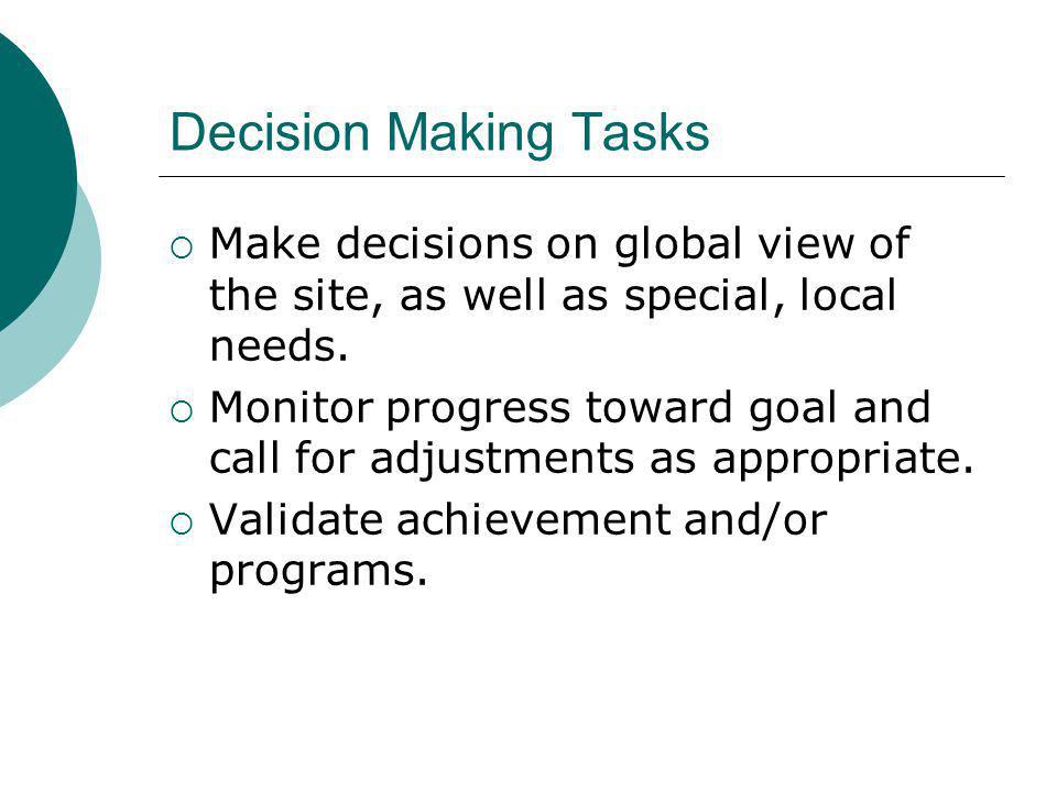 Decision Making Tasks Make decisions on global view of the site, as well as special, local needs.