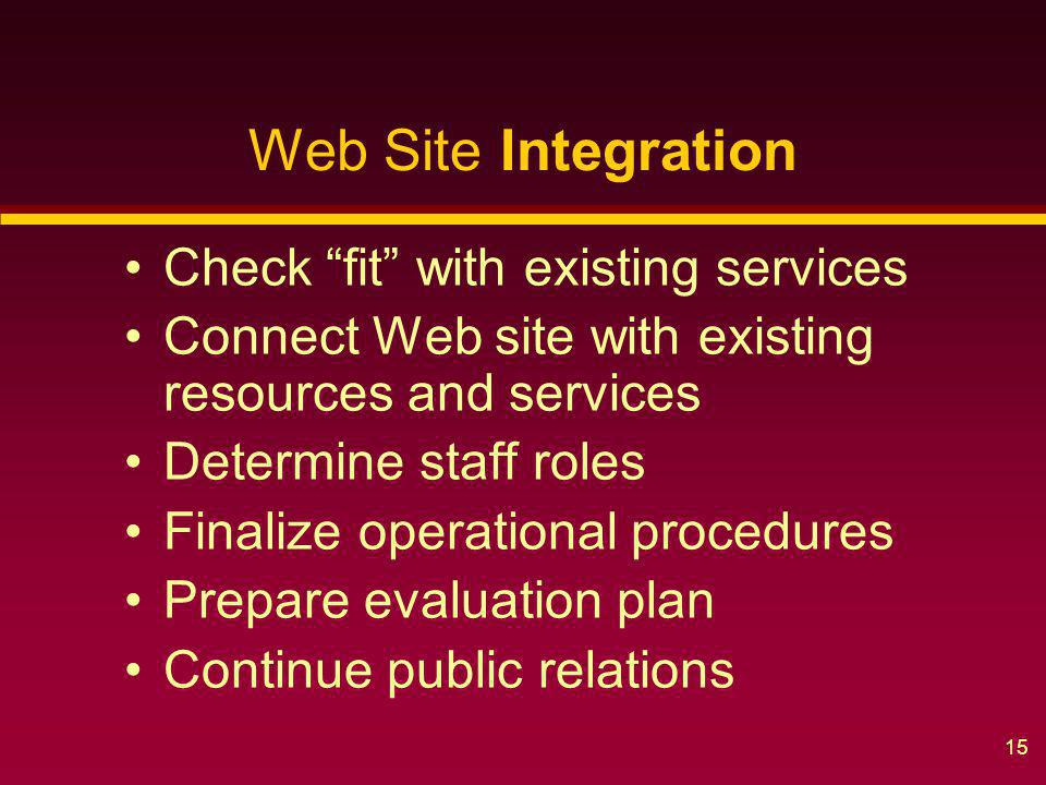 15 Web Site Integration Check fit with existing services Connect Web site with existing resources and services Determine staff roles Finalize operational procedures Prepare evaluation plan Continue public relations