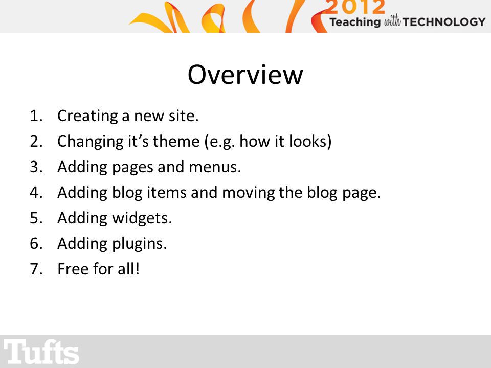 Overview 1.Creating a new site. 2.Changing its theme (e.g.
