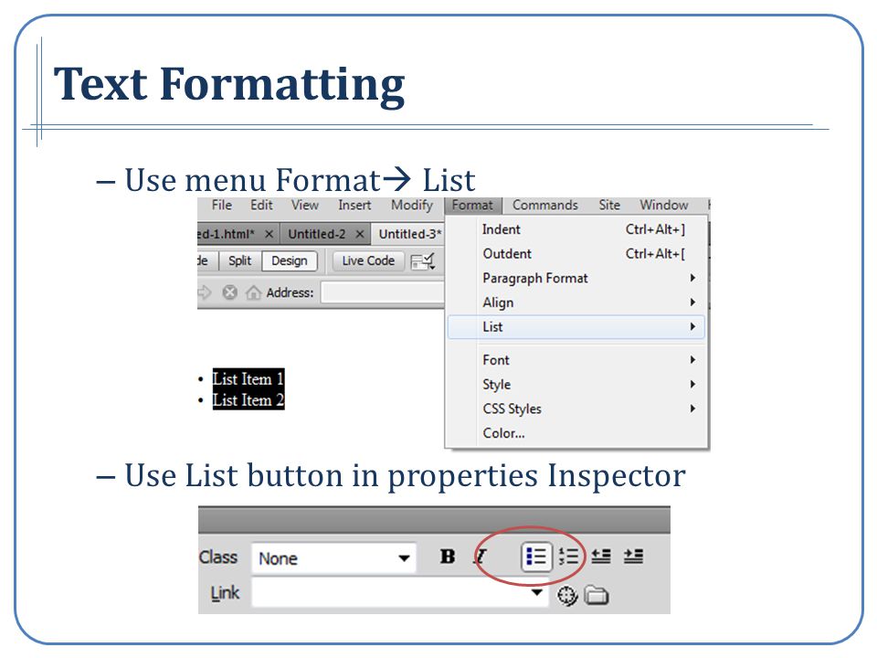 Text Formatting – Use menu Format List – Use List button in properties Inspector
