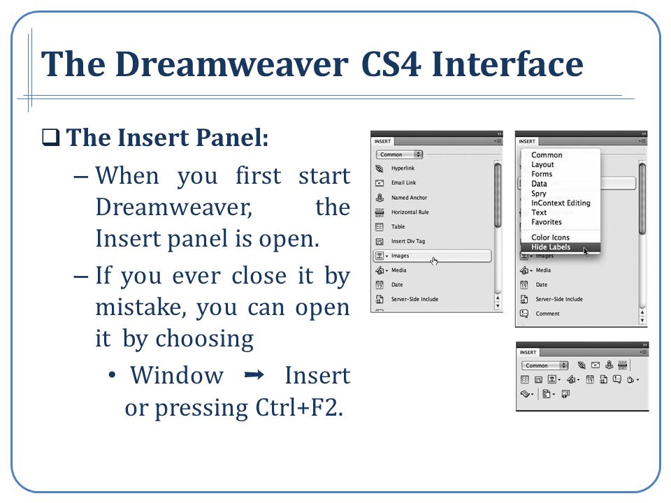 The Insert Panel: – When you first start Dreamweaver, the Insert panel is open.