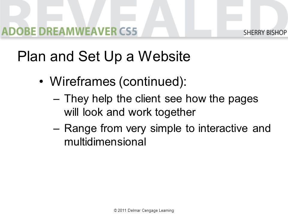 © 2011 Delmar Cengage Learning Wireframes (continued): –They help the client see how the pages will look and work together –Range from very simple to interactive and multidimensional Plan and Set Up a Website