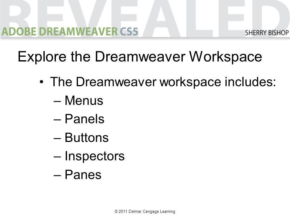 © 2011 Delmar Cengage Learning The Dreamweaver workspace includes: –Menus –Panels –Buttons –Inspectors –Panes Explore the Dreamweaver Workspace