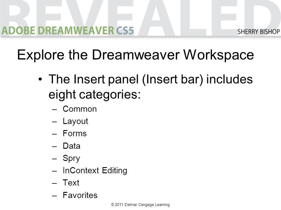 © 2011 Delmar Cengage Learning The Insert panel (Insert bar) includes eight categories: –Common –Layout –Forms –Data –Spry –InContext Editing –Text –Favorites Explore the Dreamweaver Workspace