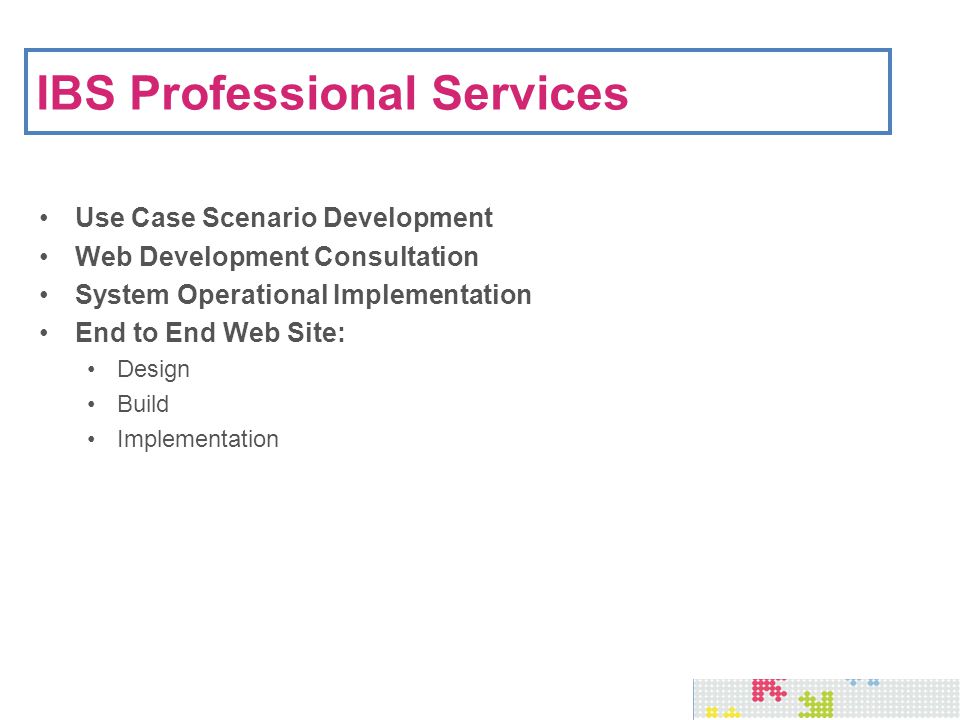 IBS Professional Services Use Case Scenario Development Web Development Consultation System Operational Implementation End to End Web Site: Design Build Implementation