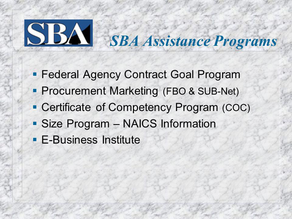 Federal Agency Contract Goal Program Procurement Marketing (FBO & SUB-Net) Certificate of Competency Program (COC) Size Program – NAICS Information E-Business Institute SBA Assistance Programs